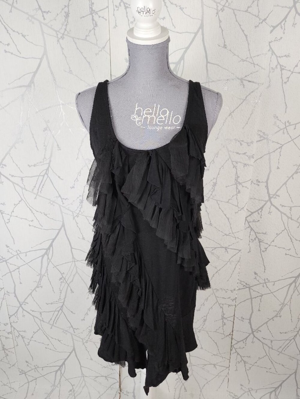 Doe & Rae Black Cotton Jersey Scoop Neck Ruffle Tunic Tank